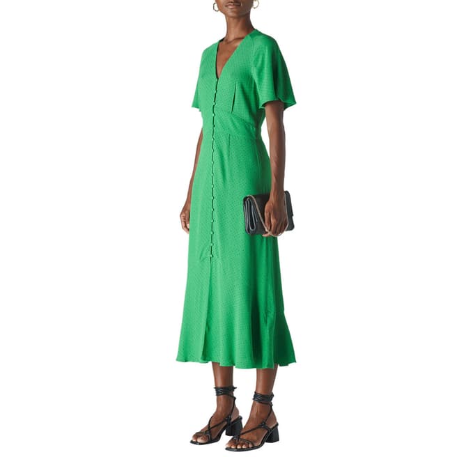 WHISTLES Green Micro Spot Button Dress