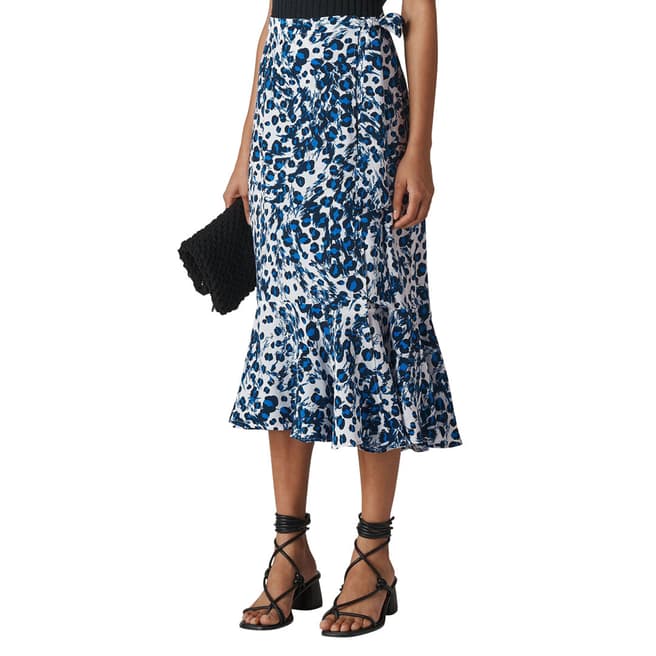 WHISTLES Blue Leopard Print Wrap Skirt