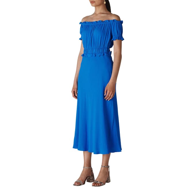 WHISTLES Blue Floren Shirred Bardot Dress