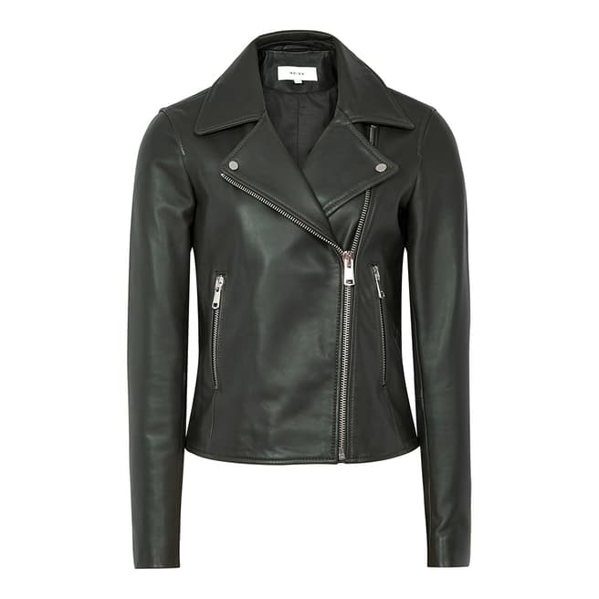 Reiss Dark Green Gia Leather Biker Jacket