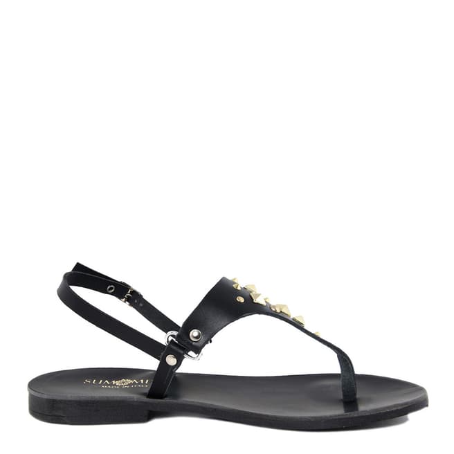 Summery Black Studded Leather Flip Flop Sandals