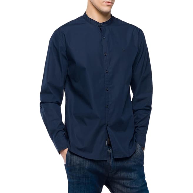 Replay Navy Mandarin Collar Regular Cotton Shirt