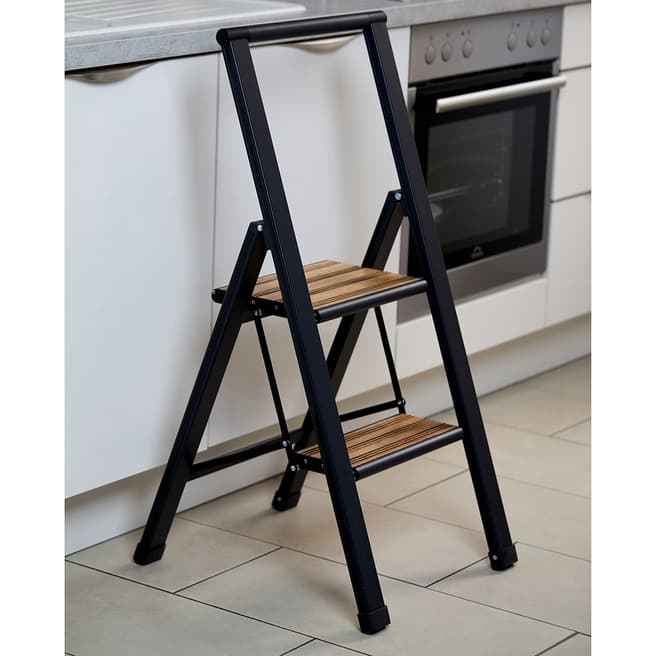 Wenko Folding 2 Step  Aluminium-Design Stepladder  Black, Non-Slip Household Ladder, Safety Stepladder