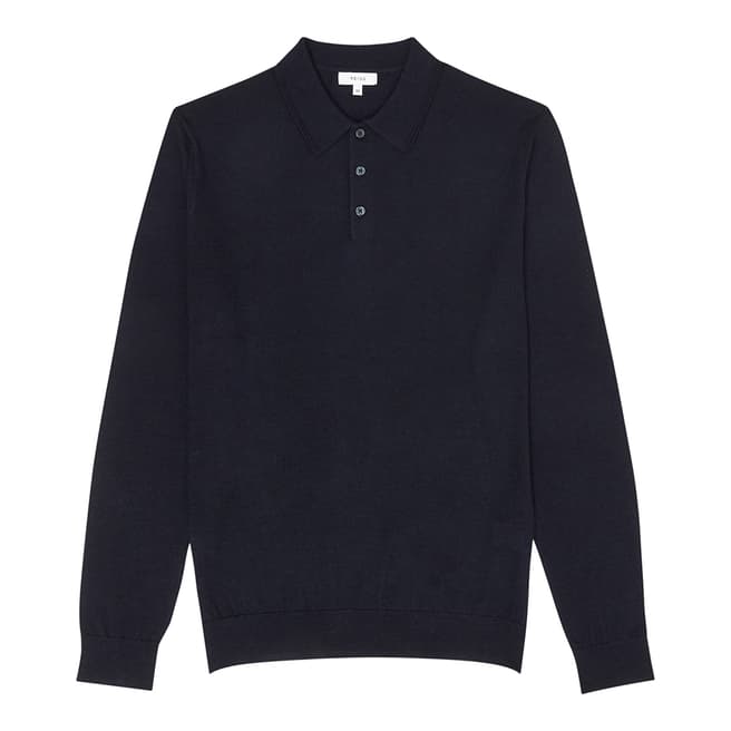 Reiss Navy Trafford Wool Long Sleeve Polo Shirt