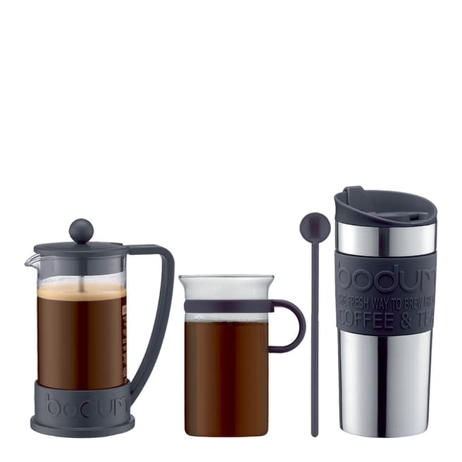 Bodum 3 Piece BRAZIL Coffee Maker, Vacuum Travel Mug & Bistro Nouveau Coffee Glass with Spoon Set