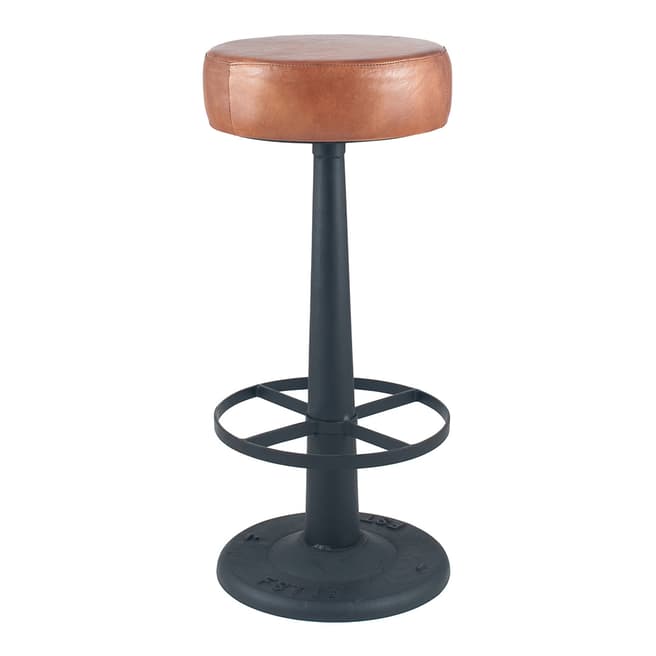 Pacific Life Vintage Brown Leather & Iron Round Bar Stool
