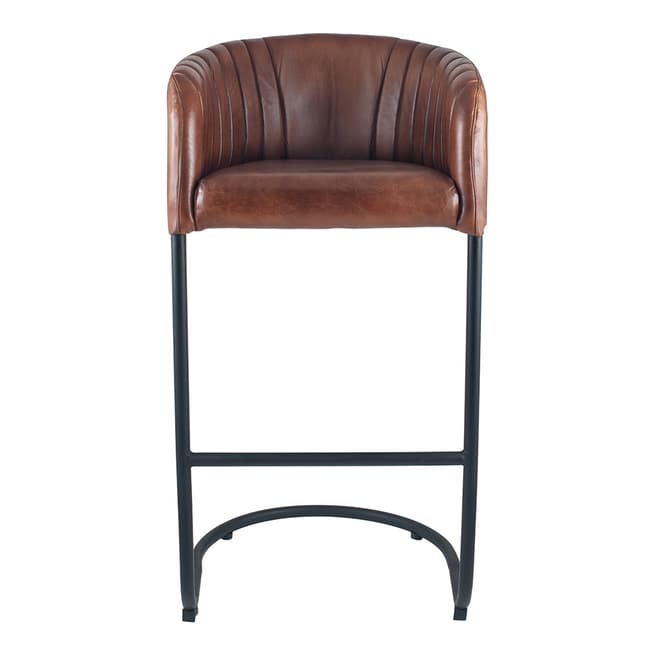 Pacific Life Vintage Brown Leather & Iron Curved Back Bar Stool