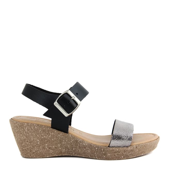 Miss Butterfly Black & Grey Leather Wedge Sandals