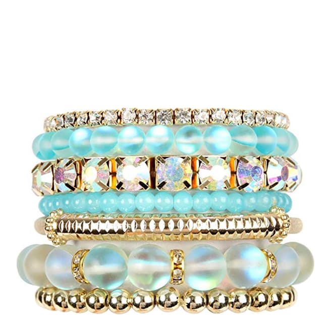 Liv Oliver 18K Gold Plated Multi Aqua Blue & Crystal Bracelet Set