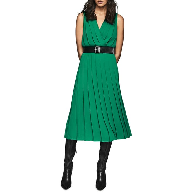 Reiss Green Mariona Pleat Midi Dress