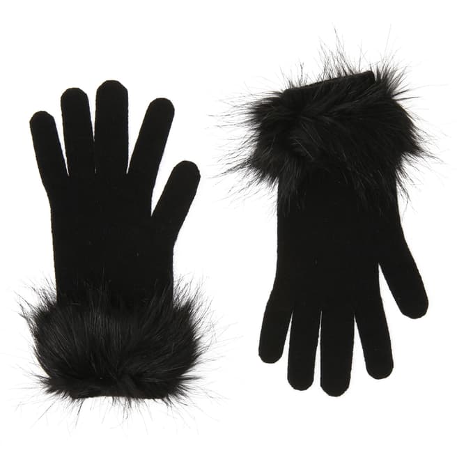 Laycuna London Black Faux Fur Trim Cashmere Gloves