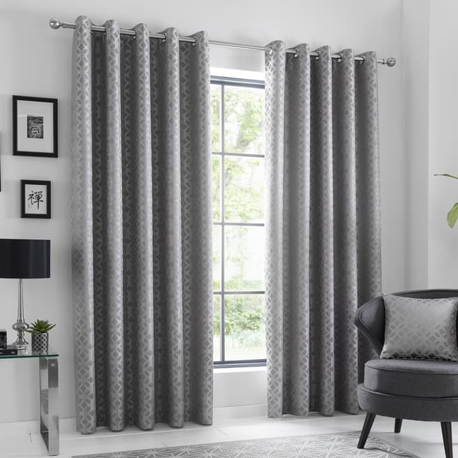 Curtina Silver Oriental Squares Pair of Eyelet Curtains 168x183cm