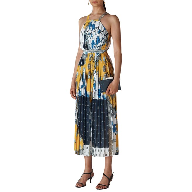 WHISTLES Blue Scarf Print Pleated Dress