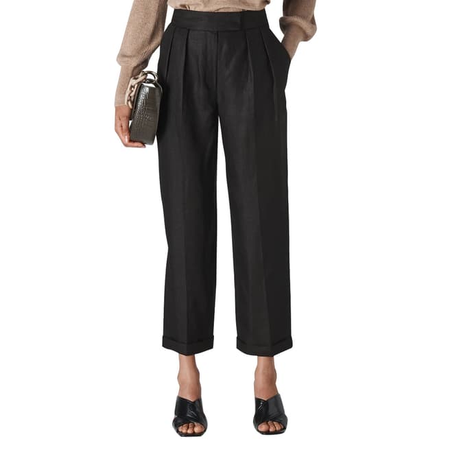 WHISTLES Black Pleated Lydia Linen Trousers