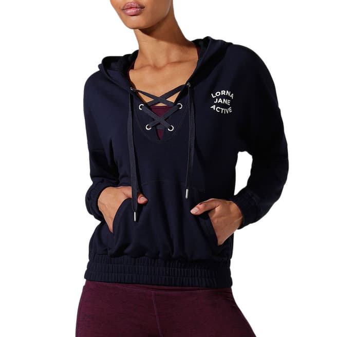 Lorna Jane French Navy Lace Up Cropped Active Hoodie