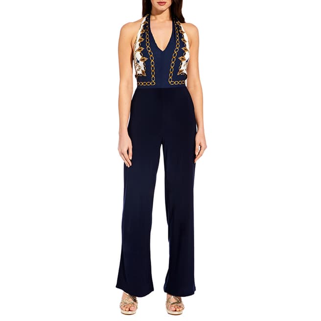 Adrianna Papell Navy/Ivory Multi Scarf Printed Jumpsuit