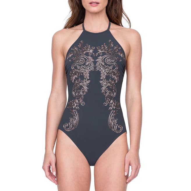 Gottex Grey Embroidered Lace High Neck Halter One Piece Swimsuit