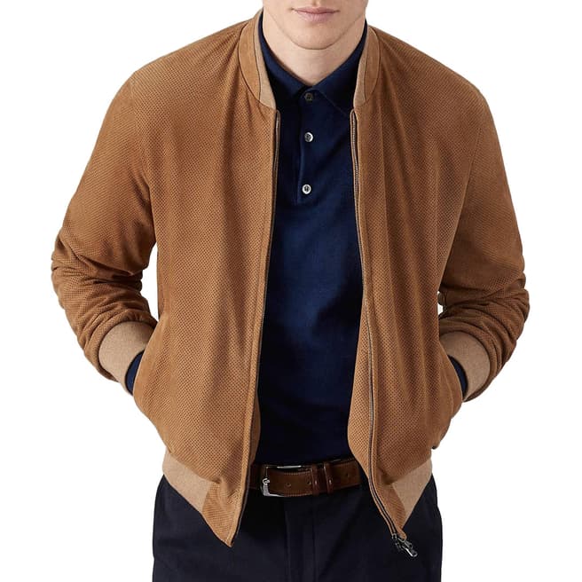Hackett London Camel Perforated Suede Bomber Jacket