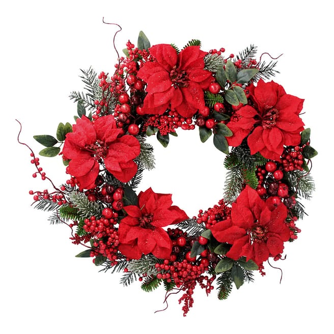 Gisela Graham Fir Wreath with Red Poinsettia/Berries, 60cm