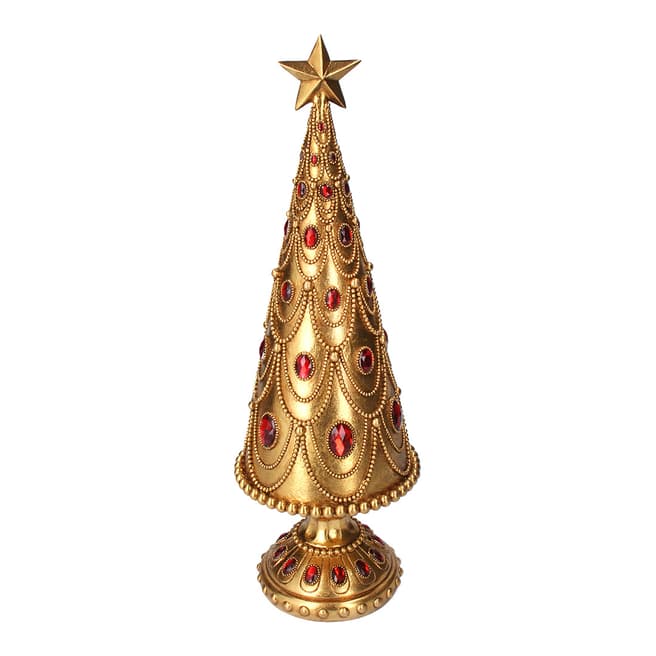 Gisela Graham Gold Cone Tree on Stand with Red Jewels