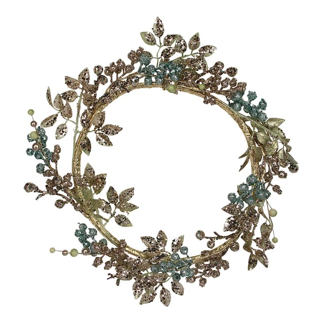 Gisela Graham Pale Gold/Turquoise Glitter Leaf/Berry Wreath