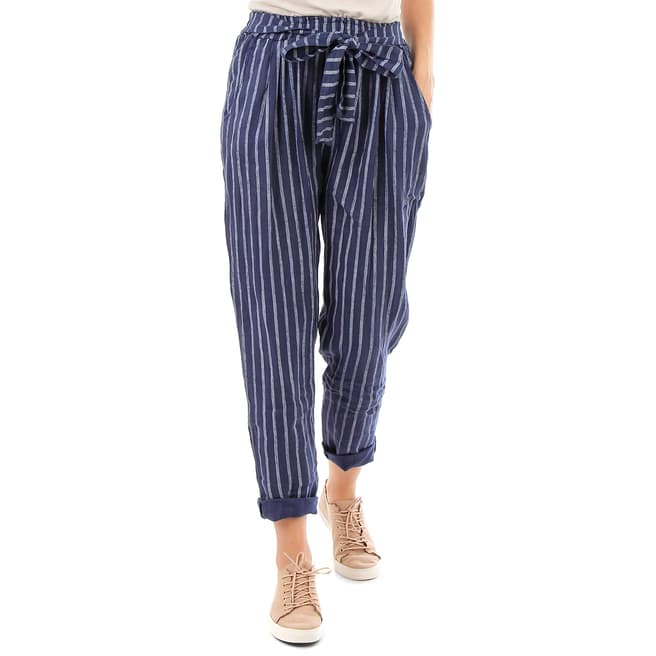 LIN PASSION Dark Blue Belted Linen Trousers 