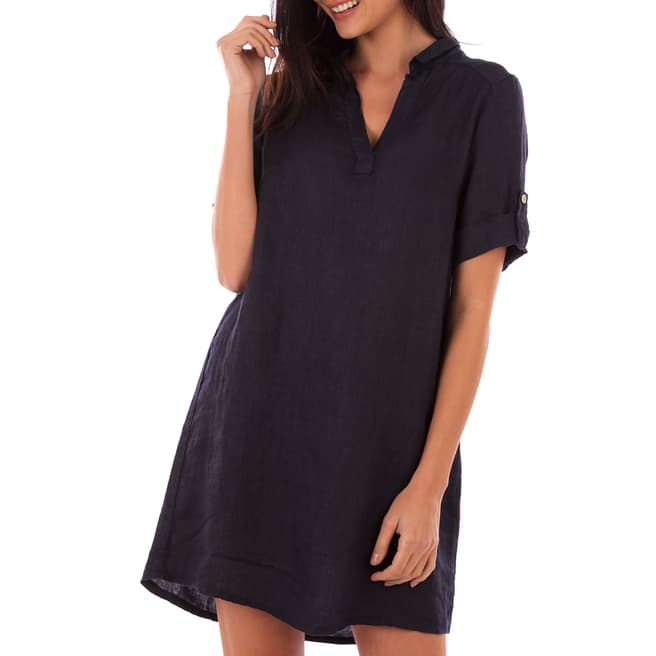 LIN PASSION Navy Rolled Sleeves Linen Dress