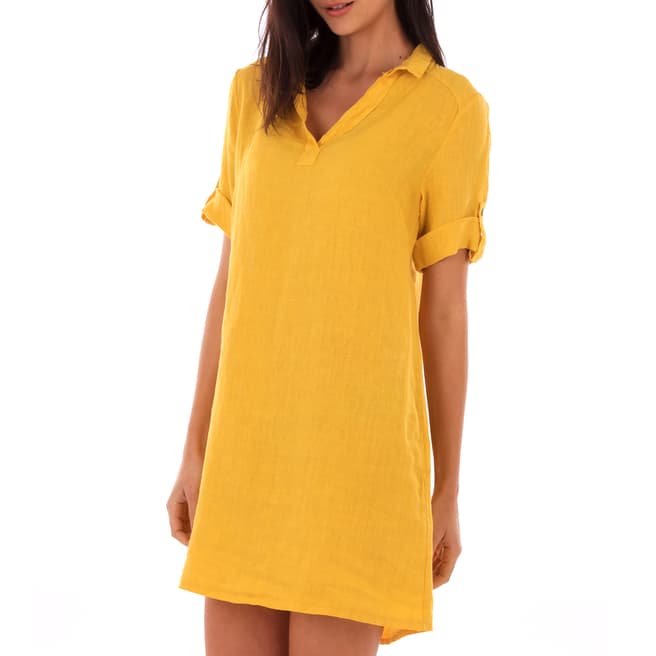 LIN PASSION Yellow Rolled Sleeves Linen Dress