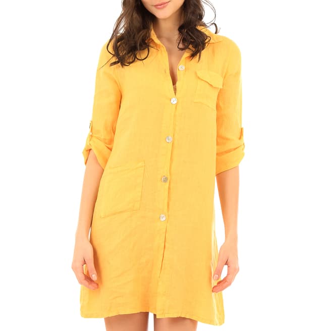 LIN PASSION Yellow Mini Buttoned Linen Dress