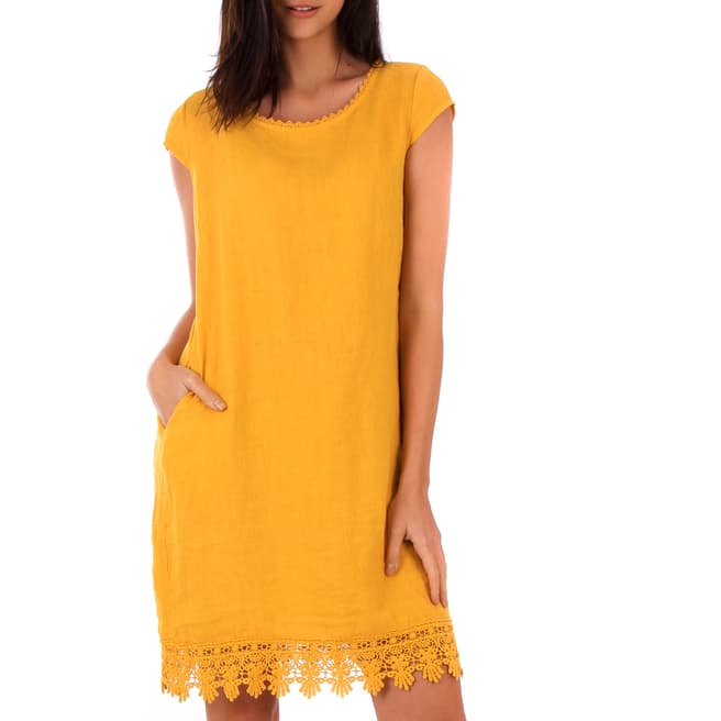 LIN PASSION Yellow Linen Lace Dress