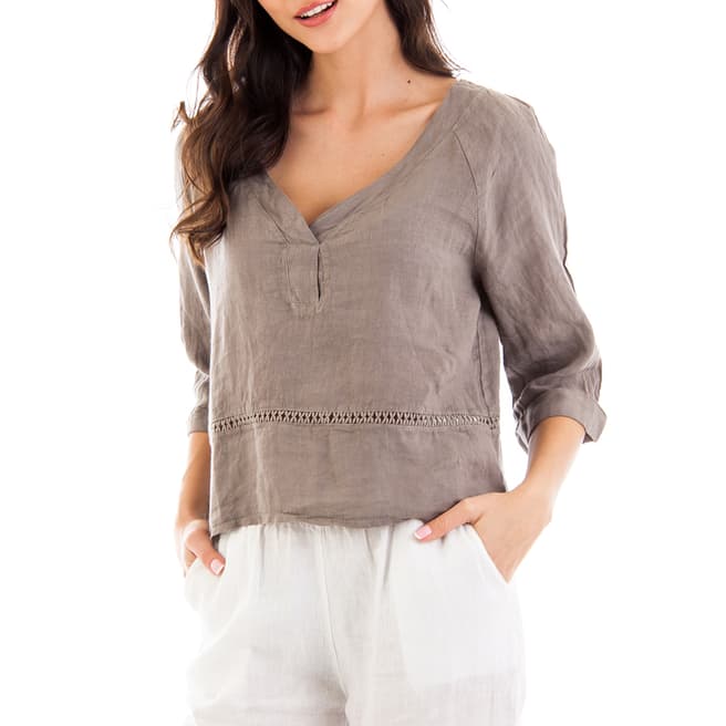 LIN PASSION Taupe Short Sleeve Linen Top 