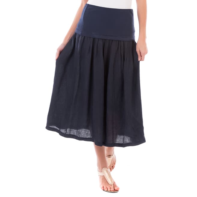 LIN PASSION Navy Midi Linen Skirt 