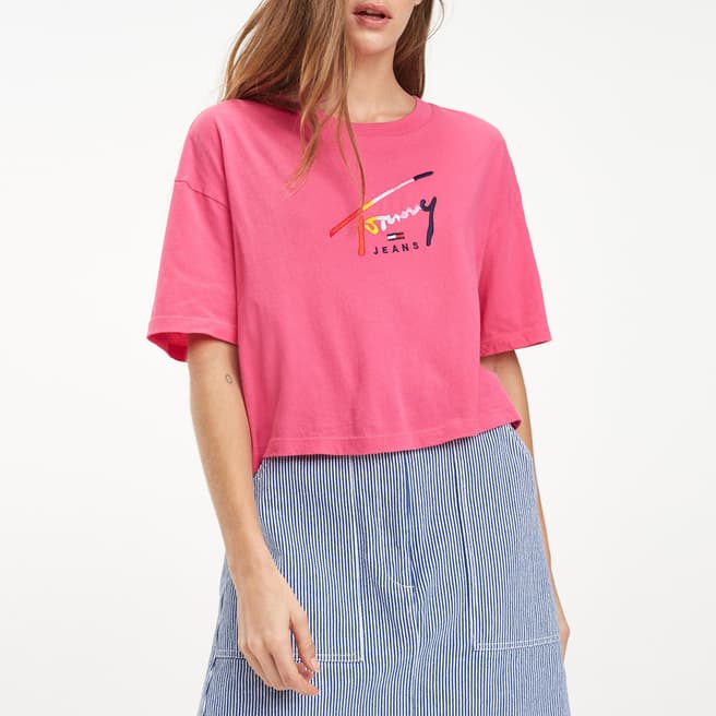 Tommy Hilfiger Pink Cropped Script Cotton T-Shirt