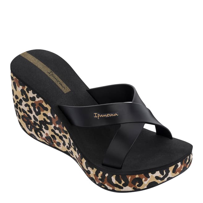 Ipanema Black Leopard Lipstick Straps Wedge Sandals