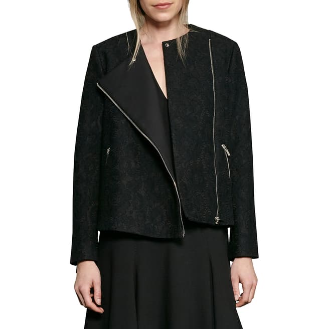 French Connection Black Delunay Lace Stretch Biker Jacket