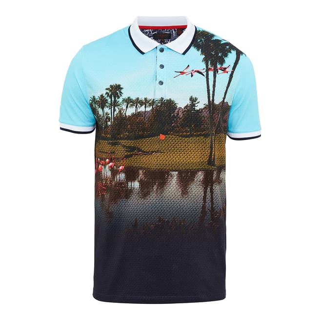 Ted Baker Bright Blue Dormie Statement Print Golf Polo Top