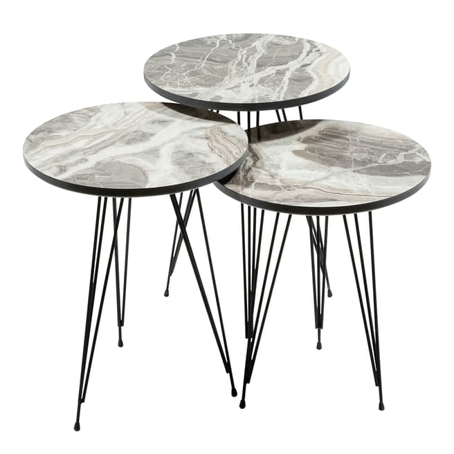 Vivense Set of 3 Twins Coffee Tables, Marble Effect - Cream & Grey