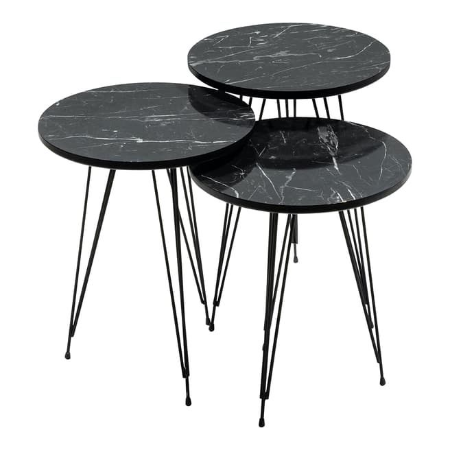 Vivense Set of 3 Twins Coffee Tables, Marble Effect - Black