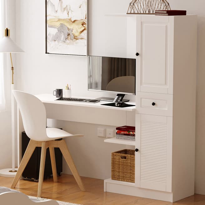 Vivense Izel Country Computer Desk with Bookcase, White