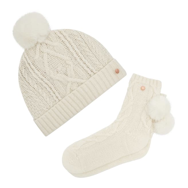 Ted Baker Ivory Knitted Pom Hat and Sock Set