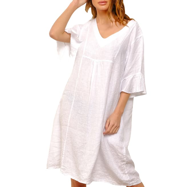 100% Linen White V Neck Linen Dress