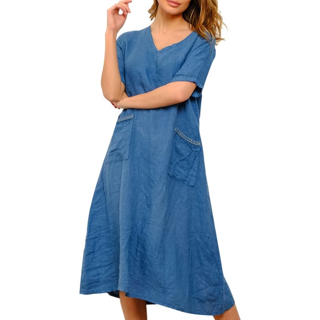 100% Linen Blue V Neck Linen Dress