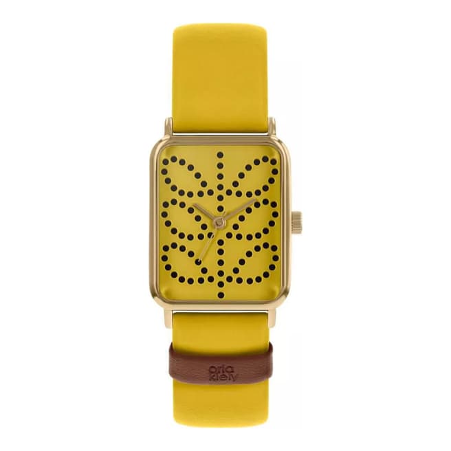 Orla Kiely Yellow Rectangle Leather Strap Watch