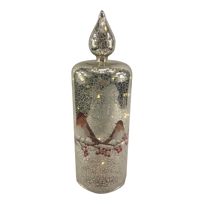 Festive Silver Glass Candle With Robins 26cm