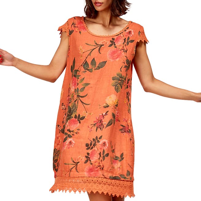 LE MONDE DU LIN Orange Mini Floral Linen Dress