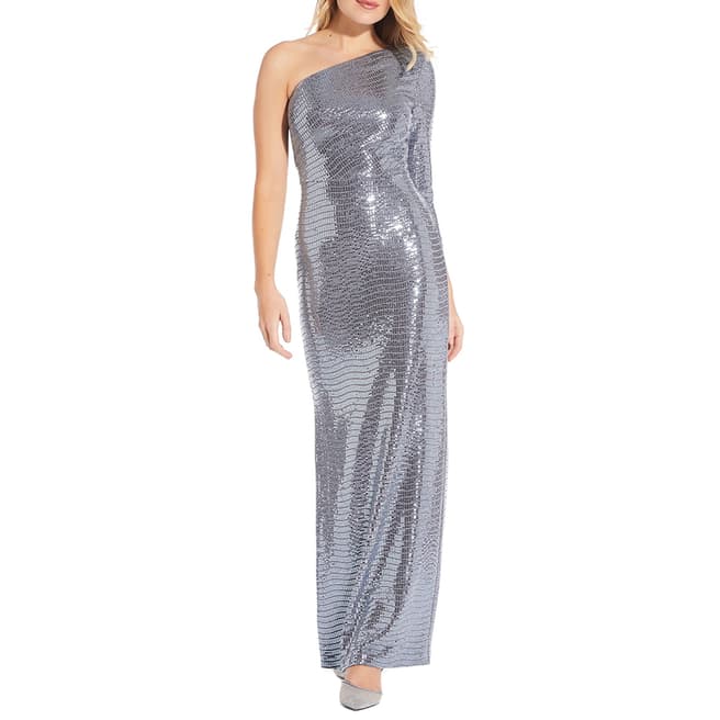 Adrianna Papell Blue Mirror Foil One Shoulder Gown