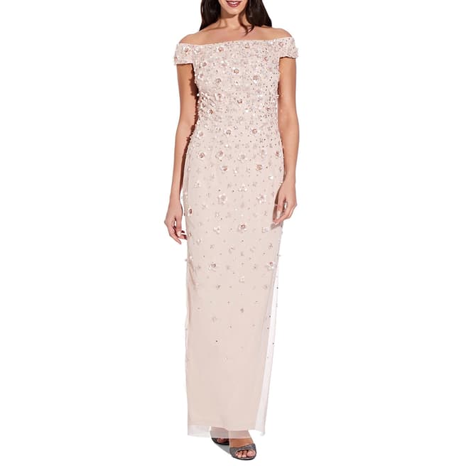 Adrianna Papell Shell Off Shoulder Beaded Gown