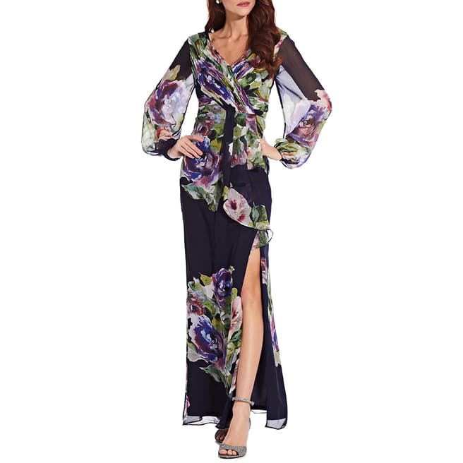 Adrianna Papell Navy/Multi Floral Printed Chiffon Gown