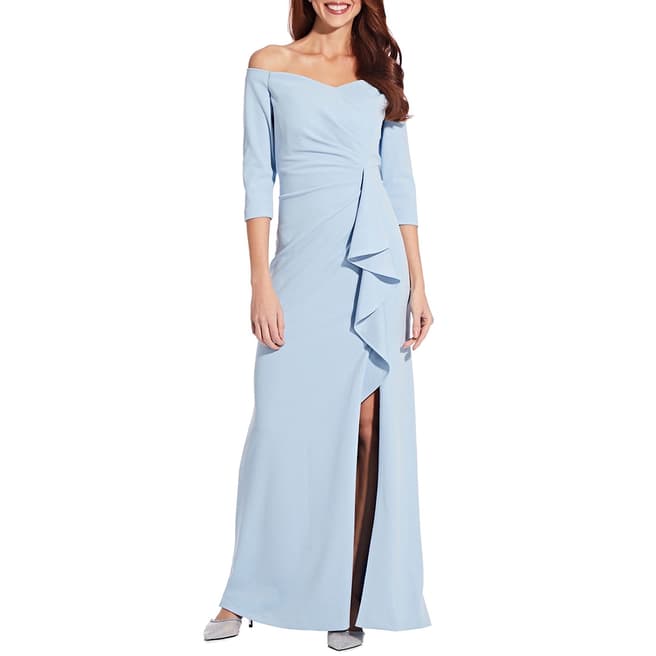 Adrianna Papell Blue Off Shoulder Crepe Gown