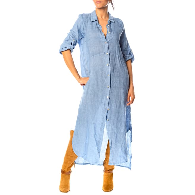 100% Linen Sky Blue Iris Linen Shirt Dress